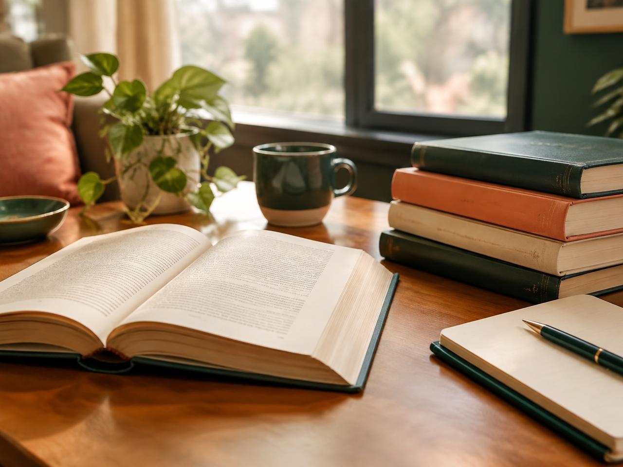 An open book and stacked books on a warm wooden desk in daylight