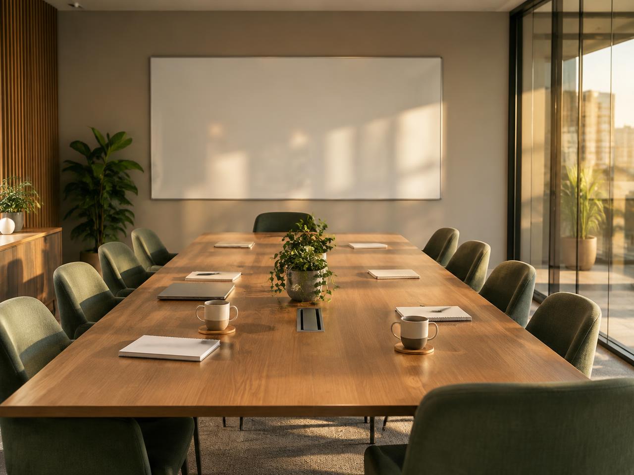 An empty modern meeting room with a long wooden table and a blank whiteboard