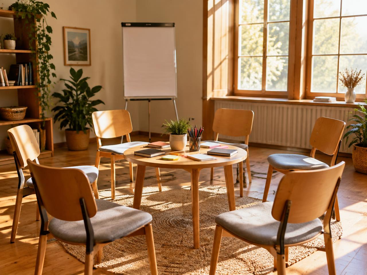 A bright workshop room with chairs arranged in a circle and a flip chart